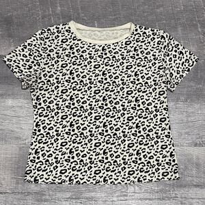 Leopard Print Short Sleeve Crop T Shirt Womens M Runs Small Khaki Black Tee